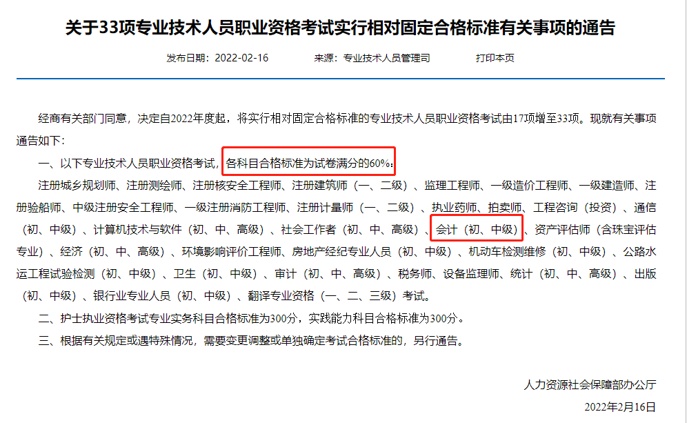 中級(jí)會(huì)計(jì)關(guān)于33項(xiàng)專業(yè)技術(shù)人員職業(yè)資格考試實(shí)行相對固定合格標(biāo)準(zhǔn)有關(guān)事項(xiàng)通告